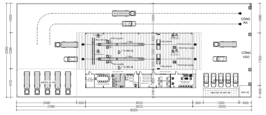 Sơ đồ mặt bằng kỹ thuật cho dây chuyền đăng kiểm xe tải 20 tấn  