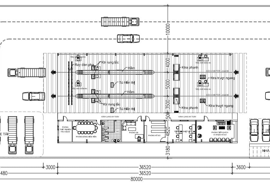 Sơ đồ mặt bằng kỹ thuật cho dây chuyền đăng kiểm xe tải 20 tấn  